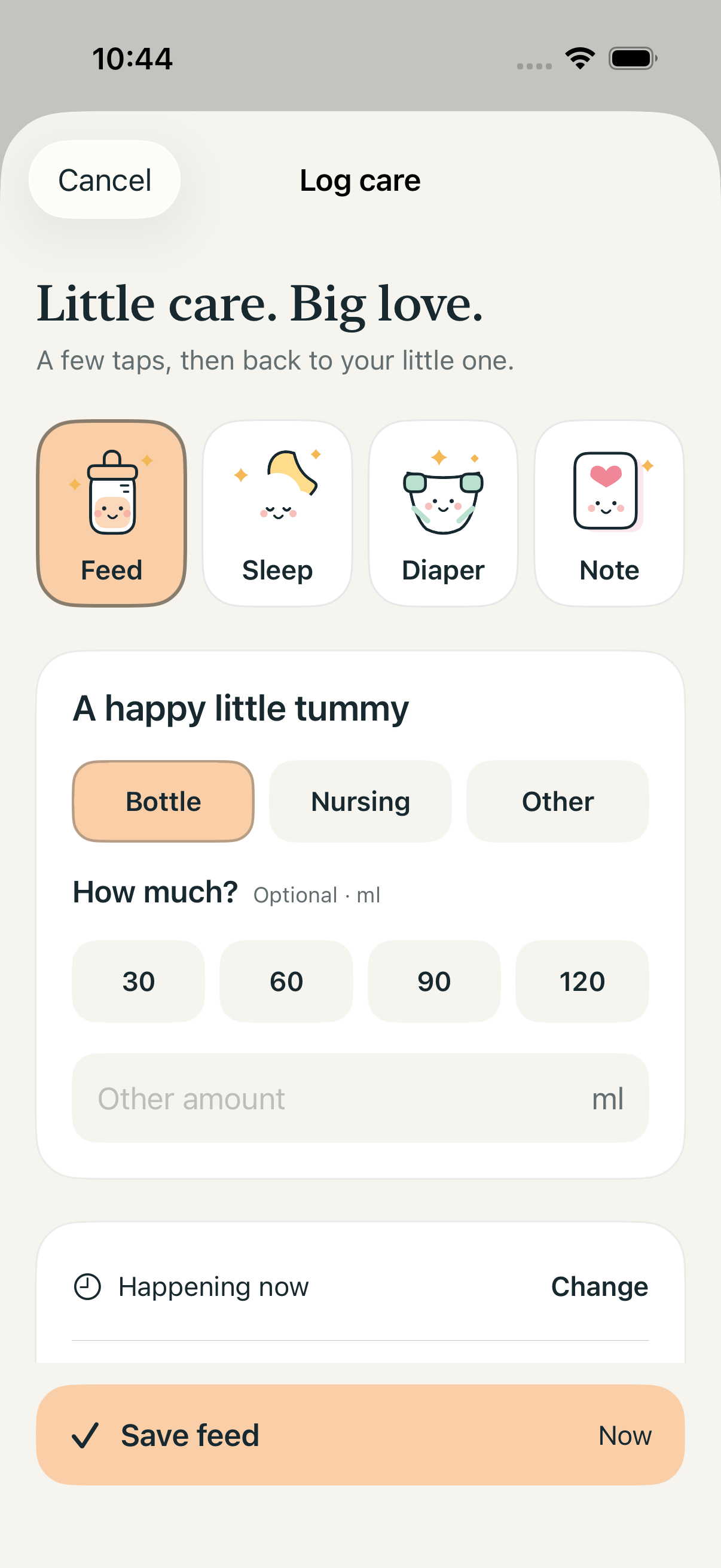 NightRelay care logging choices and optional bottle amounts.