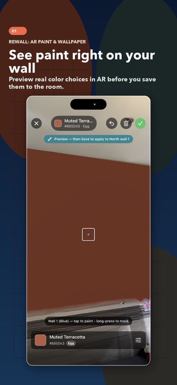 Rewall App Store screenshot captioned “See paint right on your wall”, showing a muted terracotta paint color previewed on a wall in AR.