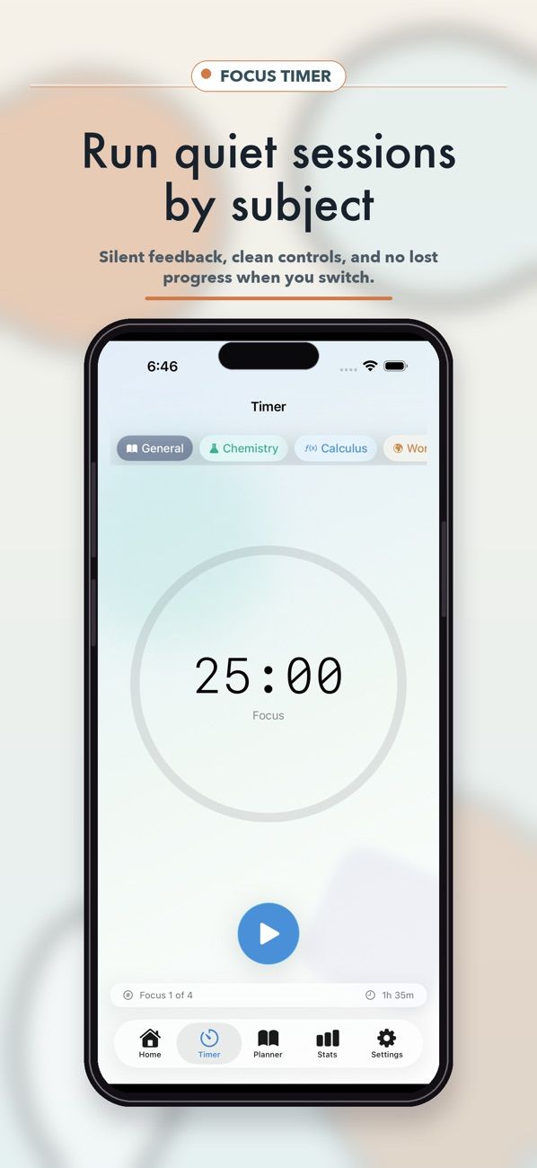 StudyRealm App Store screenshot captioned “Run quiet sessions by subject”, showing a 25-minute focus timer.